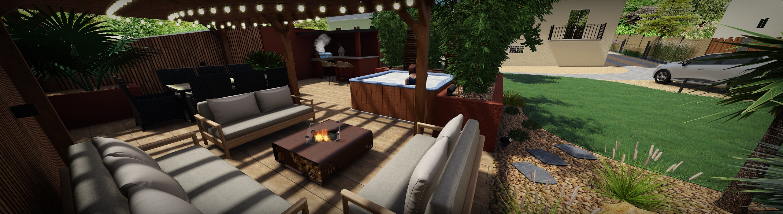 Jardin design et cuisine extérieure à Segré-en-Anjou Bleu