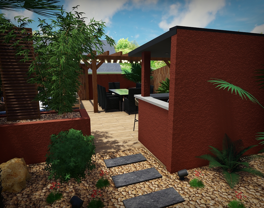 Jardin design et cuisine extérieure à Segré-en-Anjou Bleu