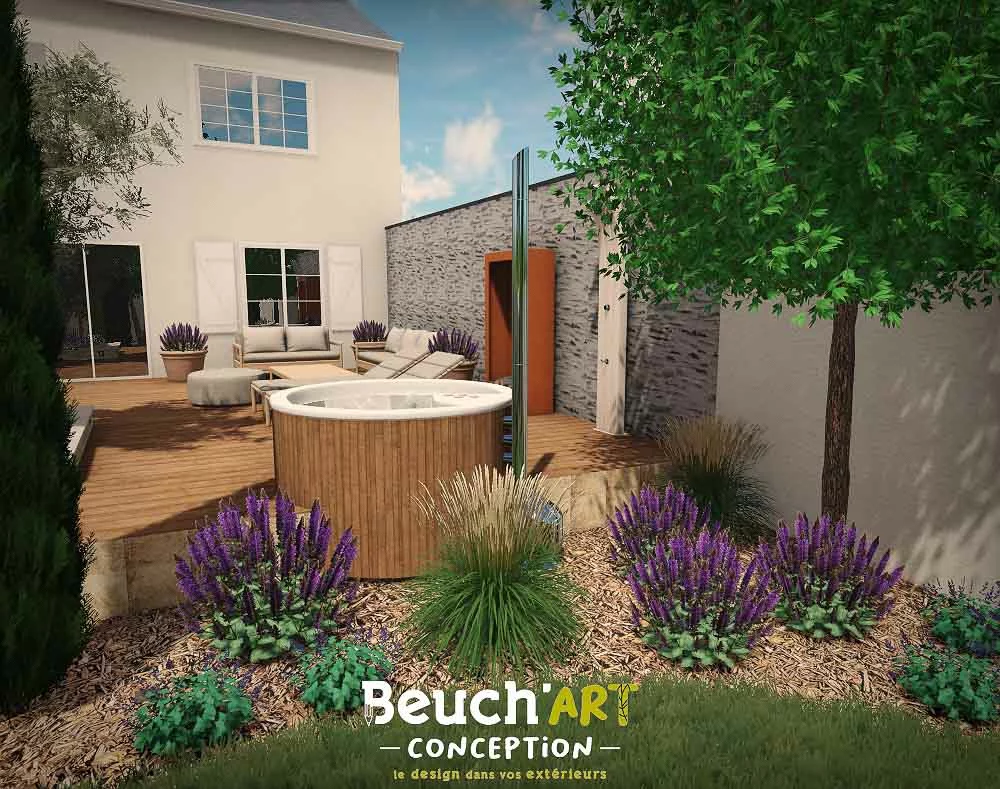 Conception 3D jardin méditerranéen à Feneu Après