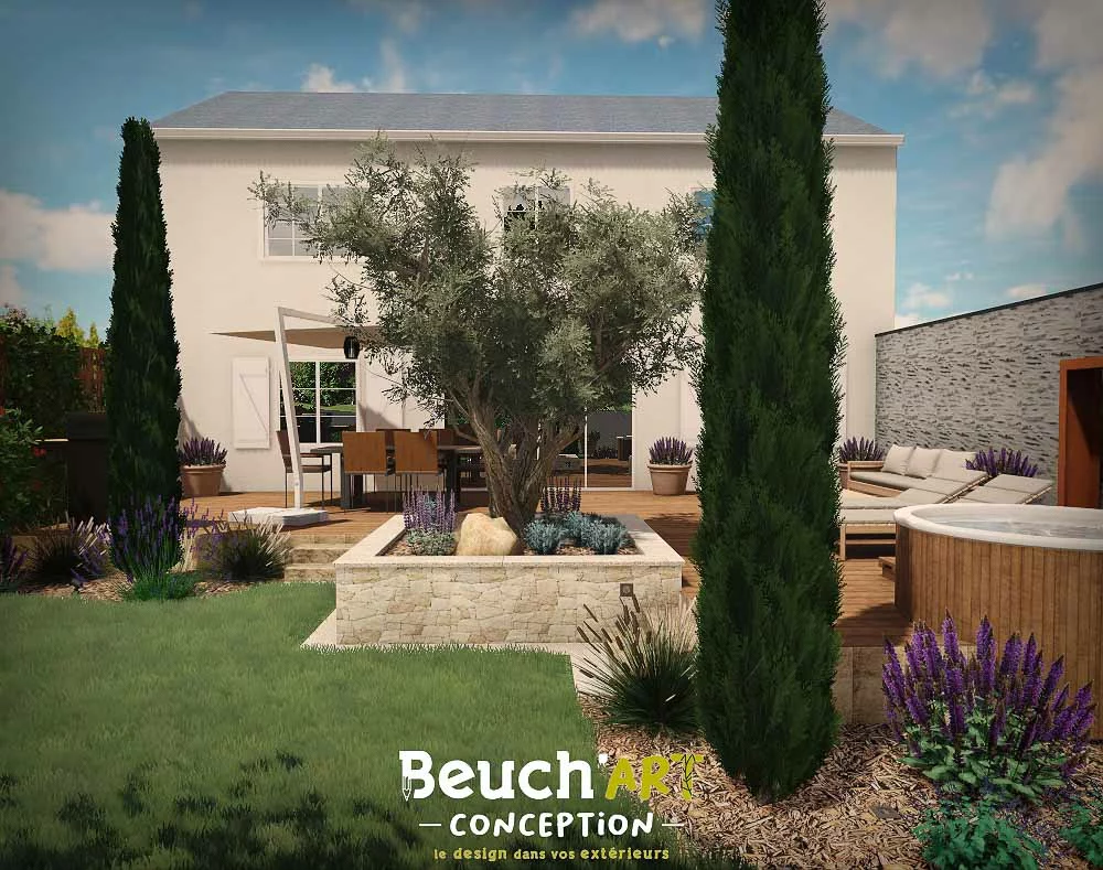 Conception 3D jardin méditerranéen à Feneu Après